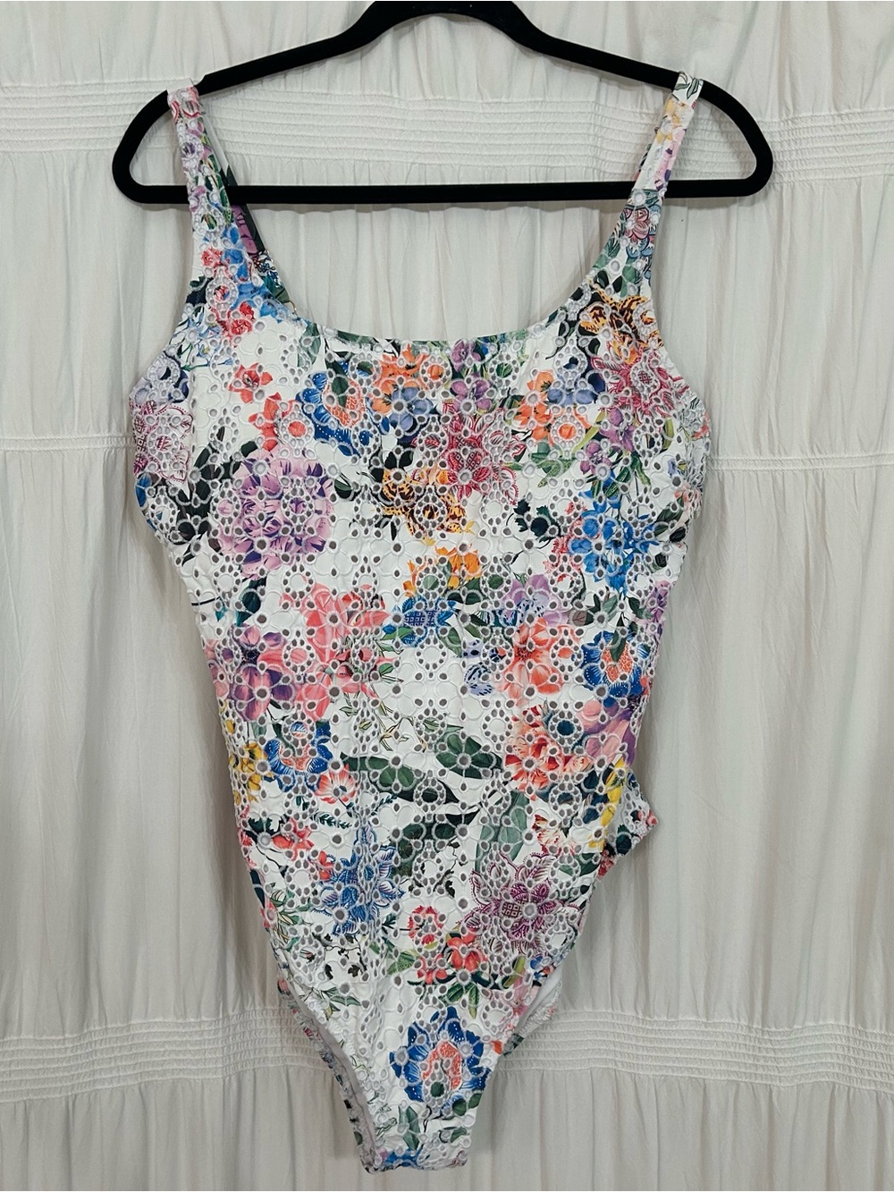 Johnny Was White Eyelet Floral One-Piece with Multicolor Blooms